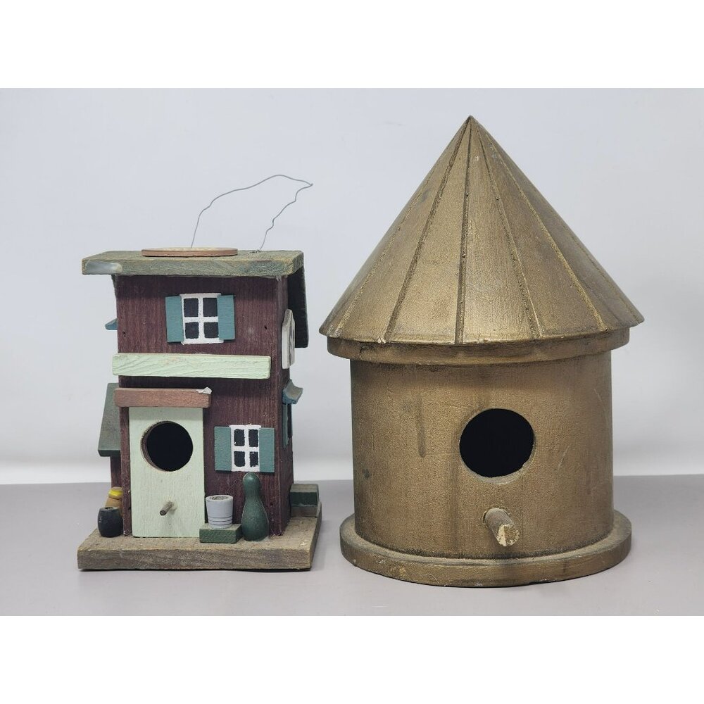 2 Rustic Handcrafted Wooden Birdhouse Round Wooden‎ &  General Store
